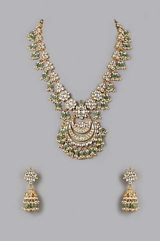 Micro Gold Finish Kundan Polki & Mint Green Beaded Long Necklace Set by Namasya