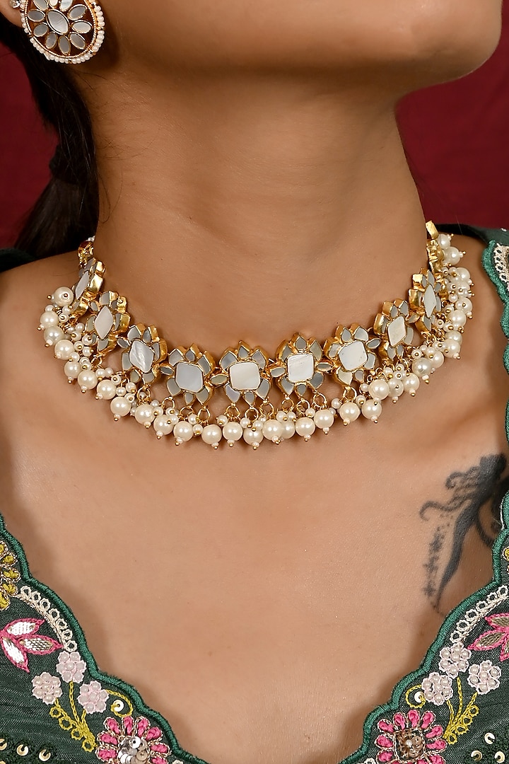 Micro Gold Finish Kundan Polki & Mother Of Pearl Choker Necklace Set by Namasya at Pernia's Pop Up Shop