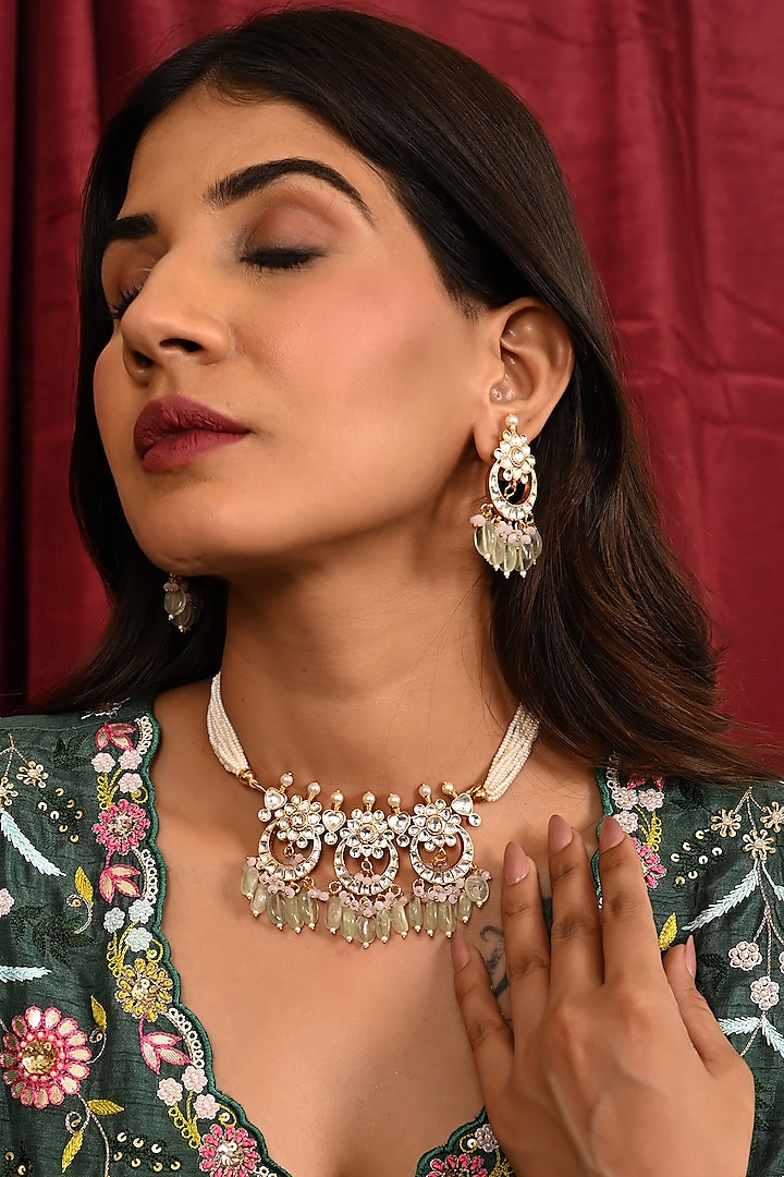 Micro Gold Finish Kundan Polki & Mint Drop Choker Necklace Set by Namasya at Pernia's Pop Up Shop