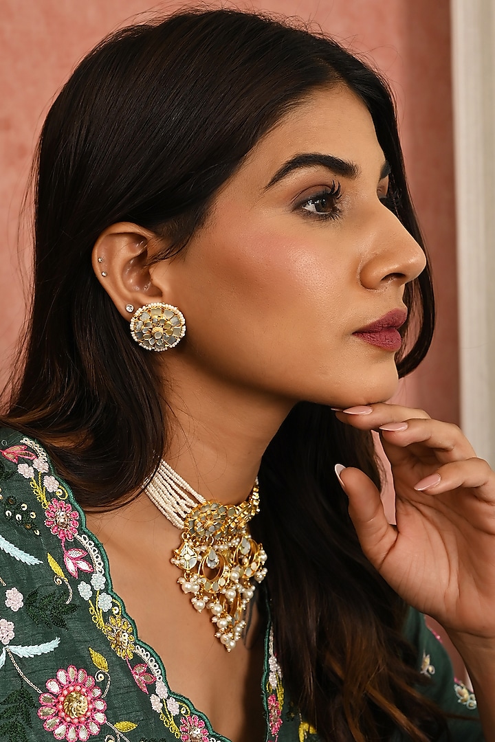 Micro Gold Finish Kundan Polki & Mother of Pearl Drop Choker Necklace Set by Namasya at Pernia's Pop Up Shop