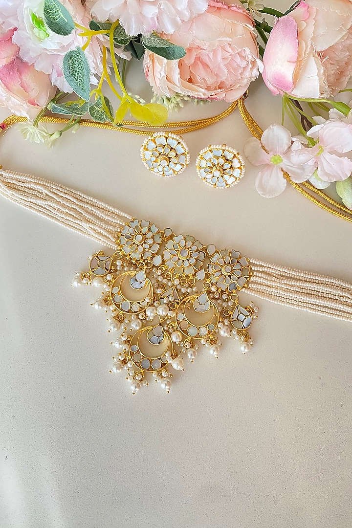 Micro Gold Finish Kundan Polki & Mother of Pearl Drop Choker Necklace Set by Namasya at Pernia's Pop Up Shop