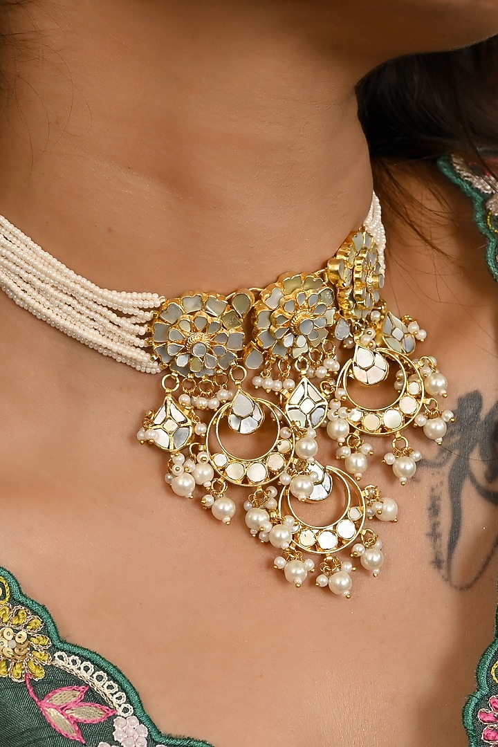 Micro Gold Finish Kundan Polki & Mother of Pearl Drop Choker Necklace Set by Namasya at Pernia's Pop Up Shop