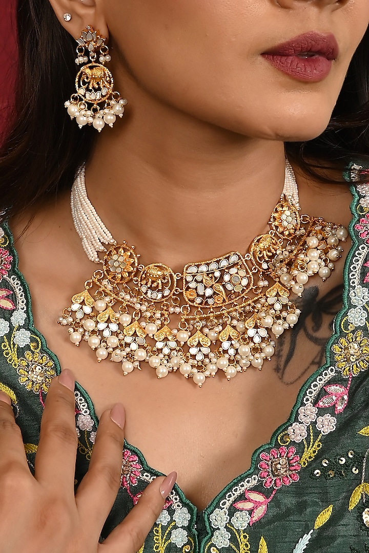 Micro Gold Finish Kundan Polki & Mother of Pearl Drop Choker Necklace Set by Namasya at Pernia's Pop Up Shop