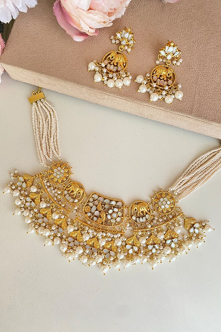 Micro Gold Finish Kundan Polki & Mother of Pearl Drop Choker Necklace Set by Namasya at Pernia's Pop Up Shop
