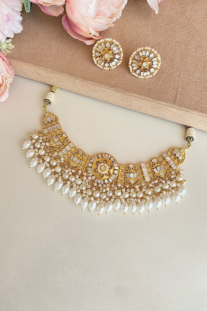 Micro Gold Finish Kundan Polki & Mother of Pearl Drop Choker Necklace Set by Namasya at Pernia's Pop Up Shop