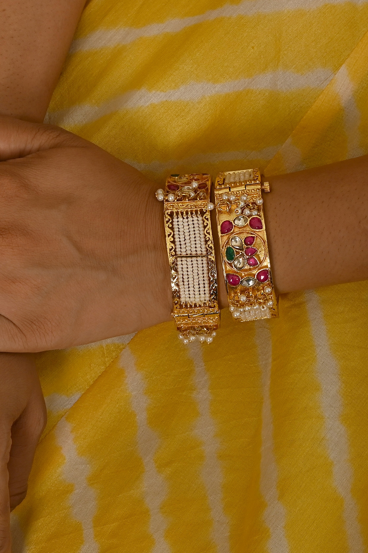 Designer gold brass polish with Kundan Polki, Onyx carved stone,Zirconia,Monalisa stone