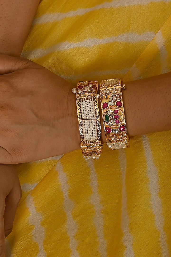 Micro Gold Finish Kundan Polki & Pink Stone Bangles (Set Of 2) by Namasya