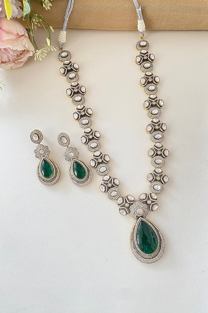 Micro Gold Finish Kundan Polki & Mint Stone Long Necklace Set by Namasya at Pernia's Pop Up Shop