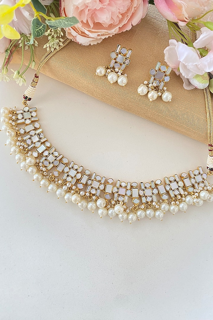 Micro Gold Finish Kundan Polki & Mother Of Pearl Choker Necklace Set by Namasya at Pernia's Pop Up Shop