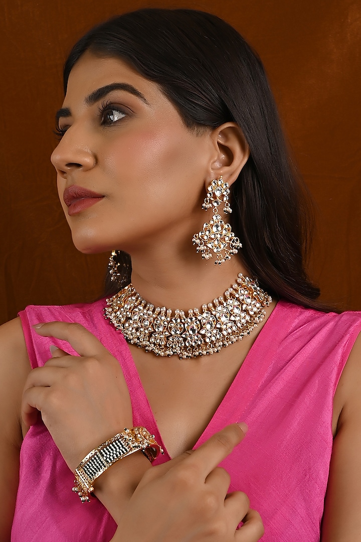 Micro Gold Finish Kundan Polki & Green Pearl Necklace Set by Namasya at Pernia's Pop Up Shop