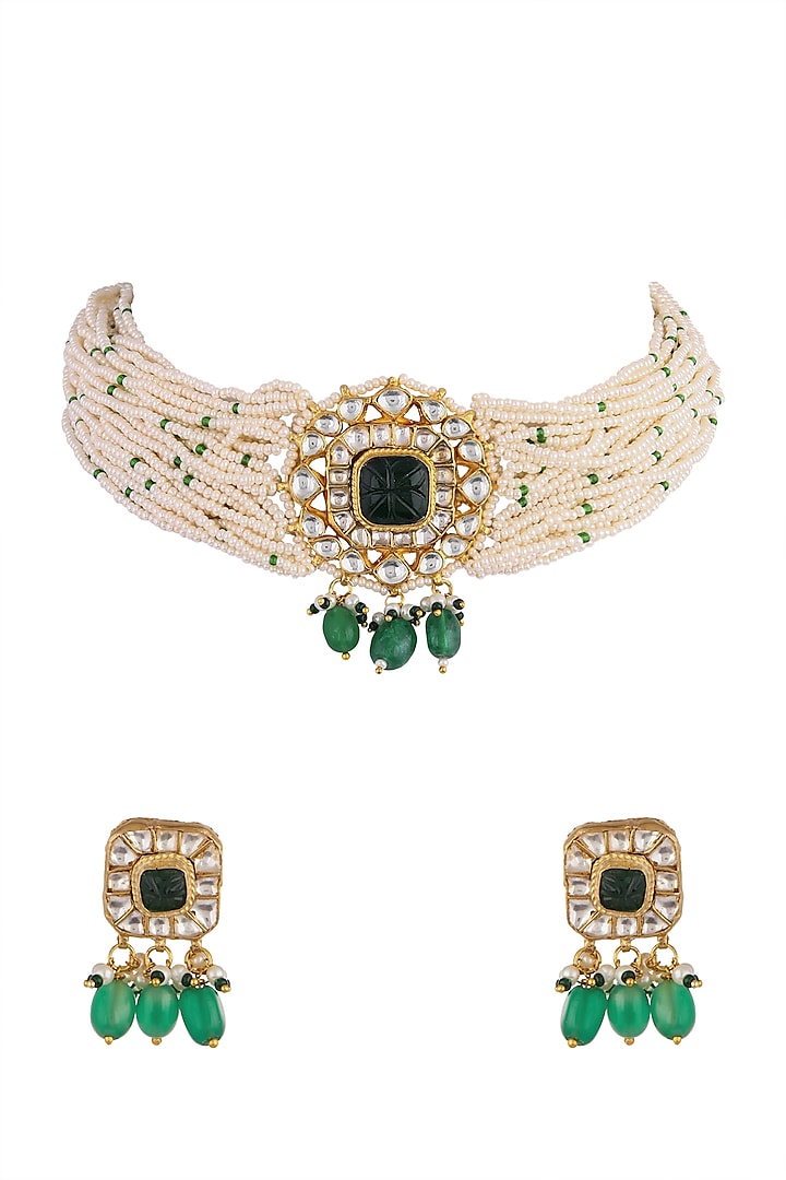 Gold Finish Kundan Choker Necklace Set by Namasya