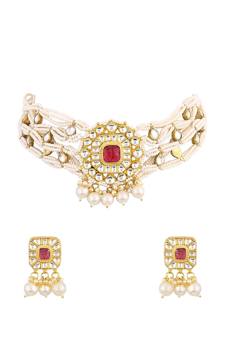 Gold Finish Pink Stone Choker Necklace Set by Namasya