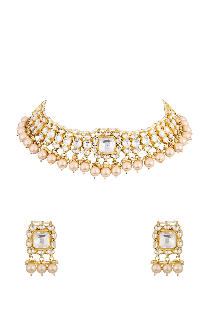 Gold Finish Pearl Drop Choker Necklace Set by Namasya