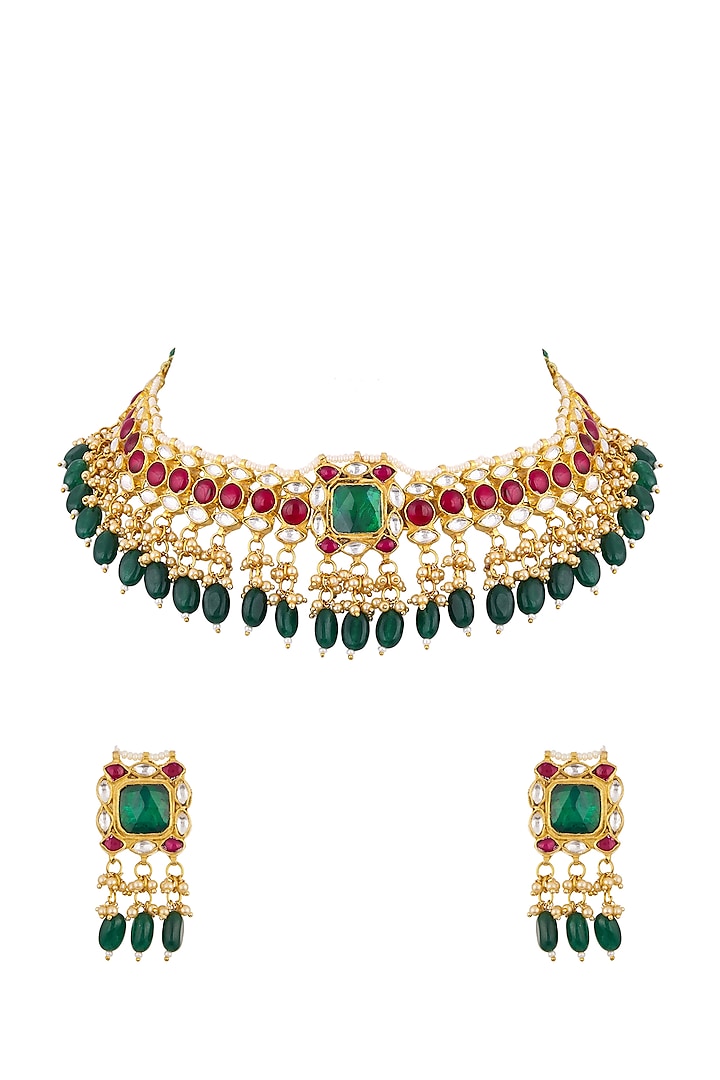 Gold Finish Green Drop Choker Necklace Set by Namasya