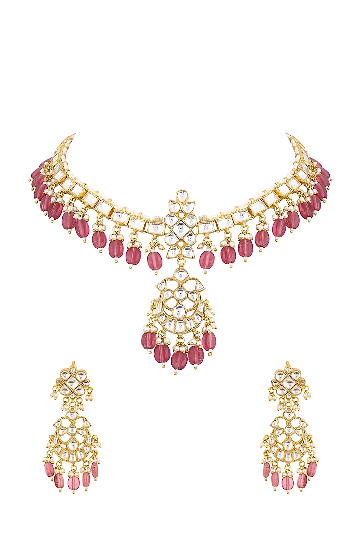 Gold Finish Pink Drop Necklace Set by Namasya