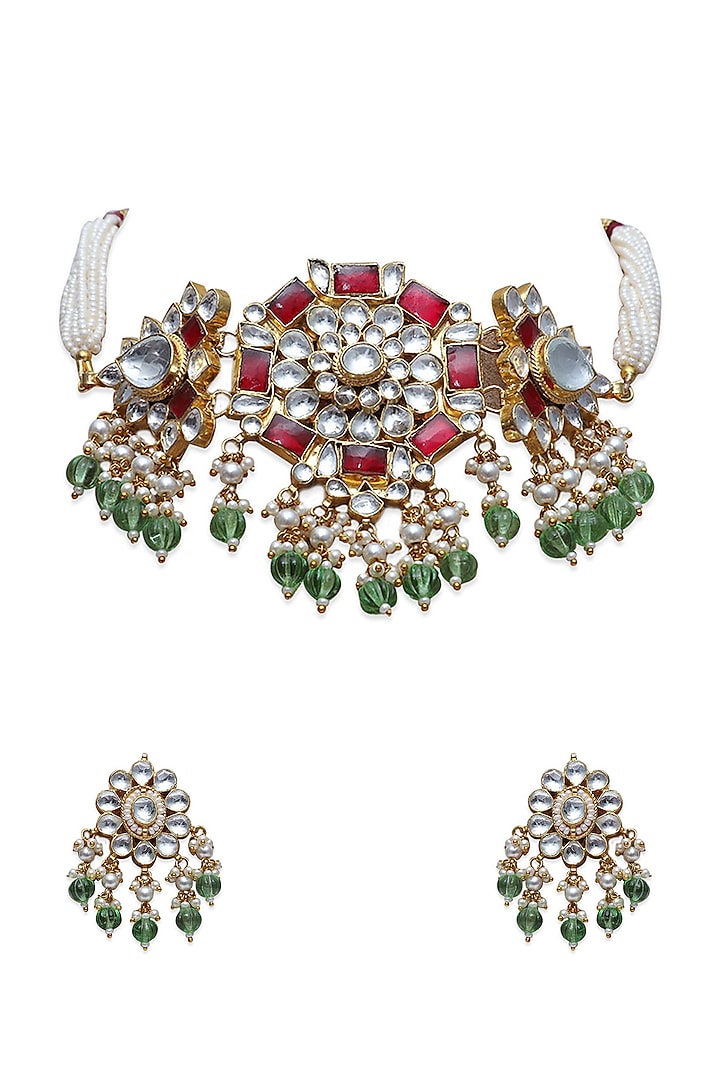 Gold Finish Choker Necklace Set With Mint Stone Drops by Namasya