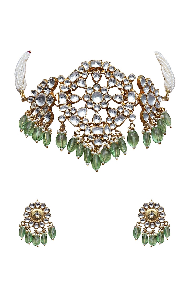 Gold Finish Necklace Set With Mint Green Stones by Namasya at Pernia's Pop Up Shop
