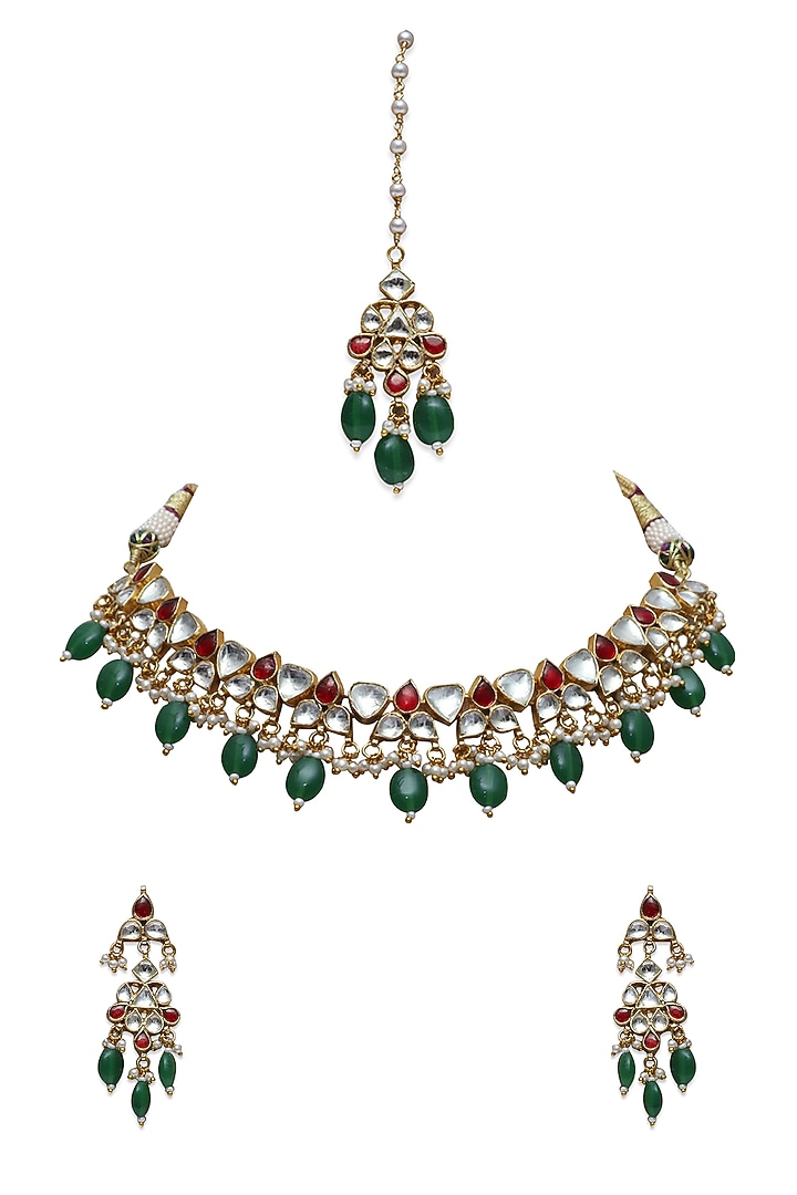 Gold Finish Necklace Set With Green Stones by Namasya at Pernia's Pop Up Shop