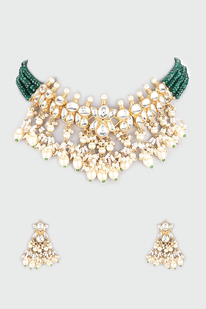 Gold Finish Kundan Polki & Beads Choker Necklace Set by Namasya at Pernia's Pop Up Shop