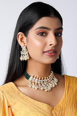 Gold Finish Kundan Polki & Beads Choker Necklace Set by Namasya