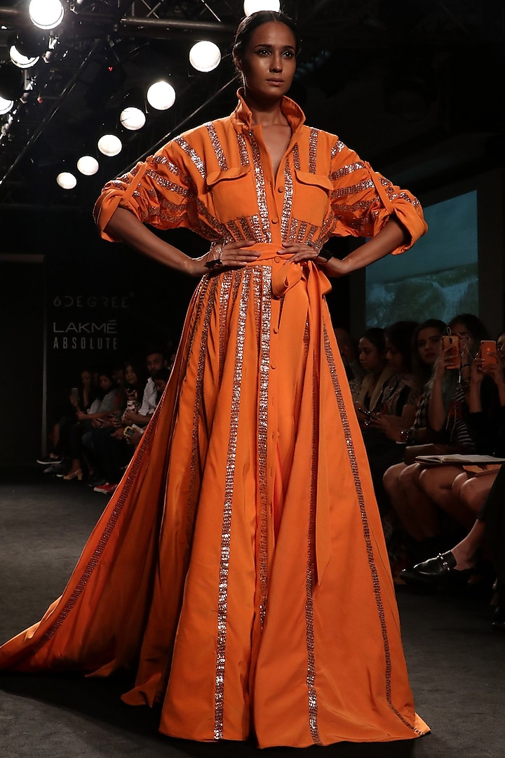 Tangerine Baadla Work Over Sized Shirt Dress by Nikita Mhaisalkar