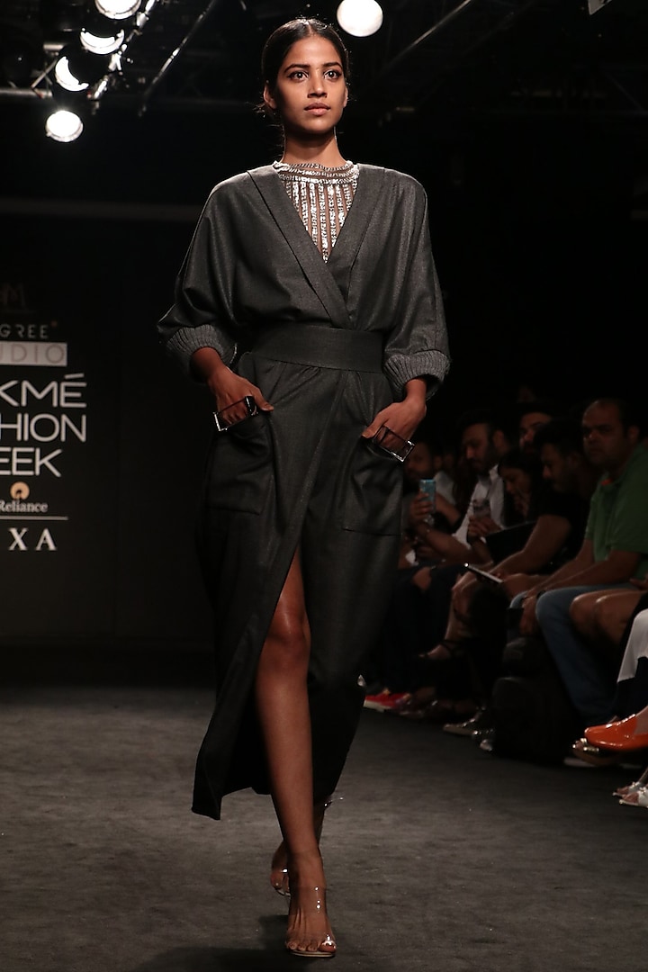 Grey High Slit Wrap Dress with Belt by Nikita Mhaisalkar