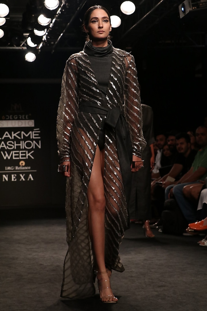 Charcoal Grey Baadla Work Cape Shirt Dress with Suiting Body Suit by Nikita Mhaisalkar