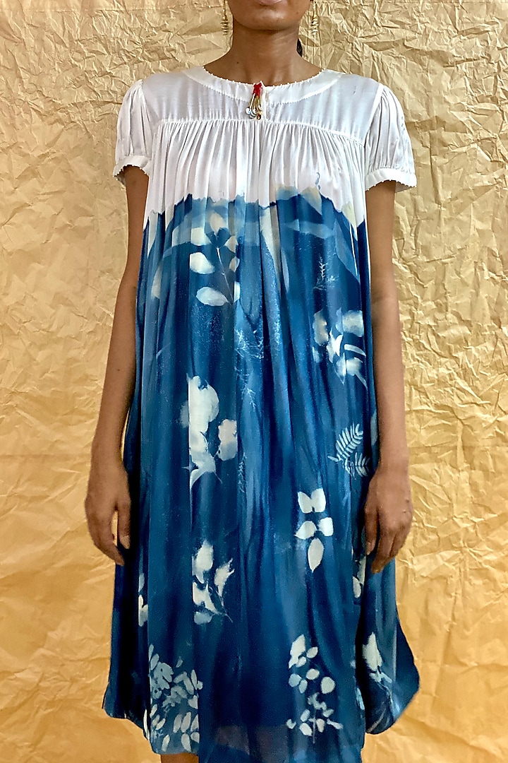 Sky Blue Dip-Dyed & Printed Dress by Nida Mahmood
