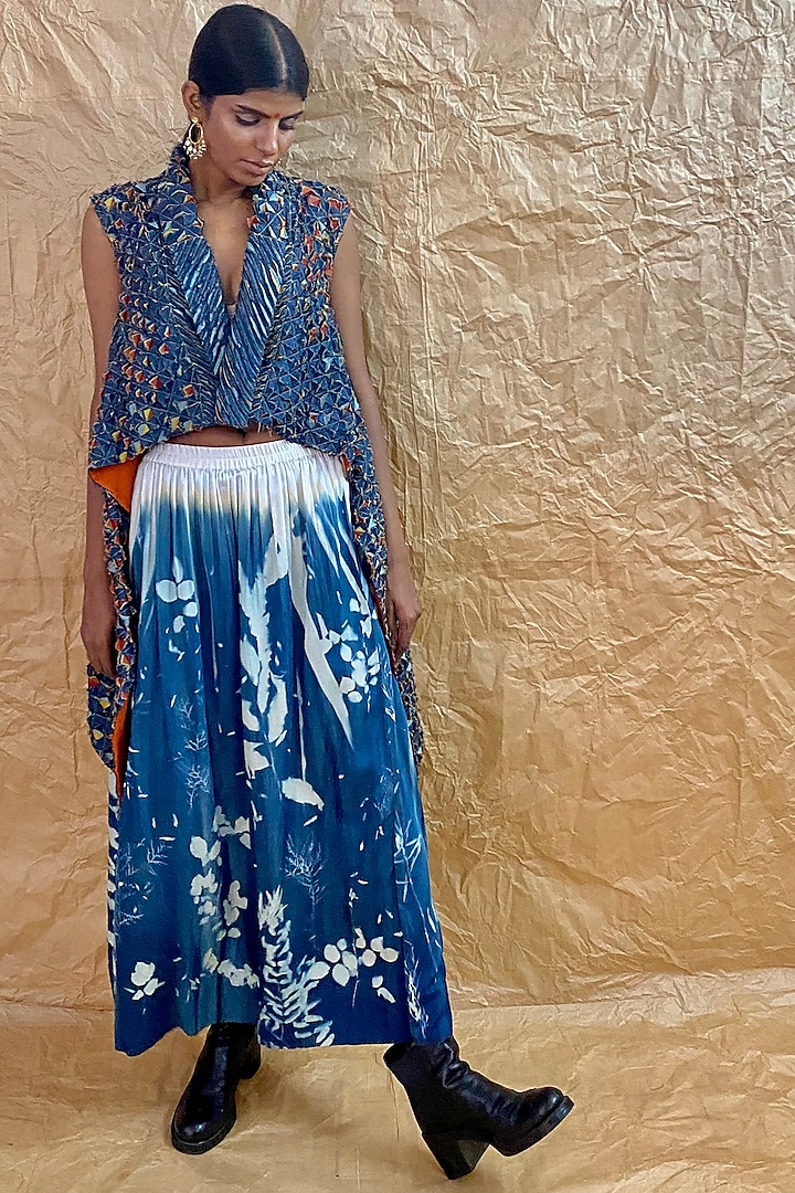 Sky Blue Dip-Dyed & Printed Skirt by Nida Mahmood