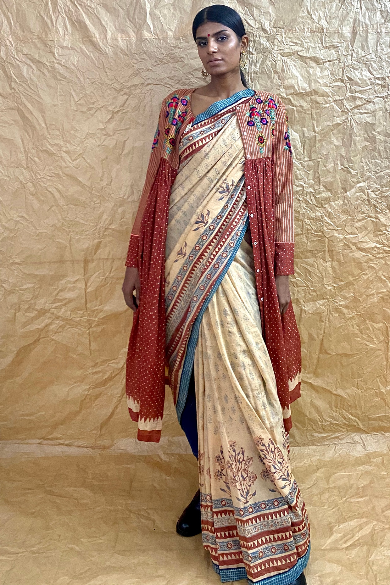 Beige Ajrakh Printed Saree Design by Nida Mahmood at Pernia's Pop Up Shop  2024