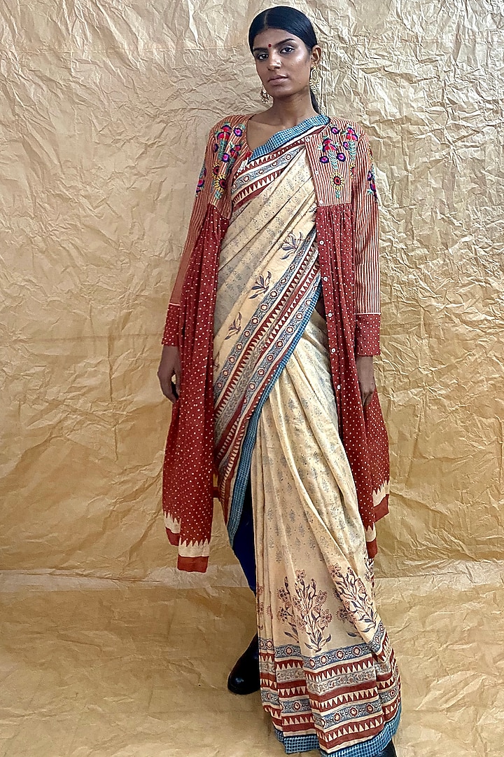 Beige Khadi Silk Ajrakh Printed Saree by Nida Mahmood