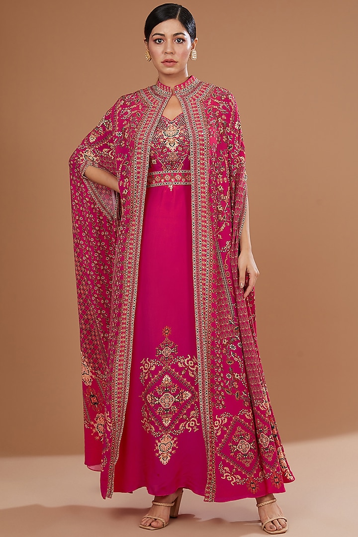 Red Bemberg Crepe Digital Printed & Swarovski Embroidered Cape With Attached Inner by NIRRAAMYAA
