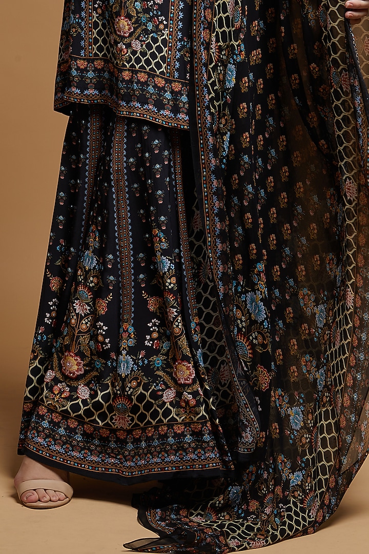 Black Bemberg Crepe Digital Printed Party Wear Sharara Set by NIRRAAMYAA at Pernia's Pop Up Shop