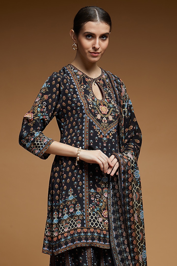 Black Bemberg Crepe Digital Printed Party Wear Sharara Set by NIRRAAMYAA at Pernia's Pop Up Shop
