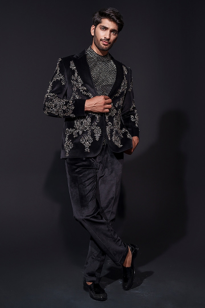 Black Silk Velvet Zardosi Hand Embroidered Blazer Set by Niloufer by Aasif Ally at Pernia's Pop Up Shop
