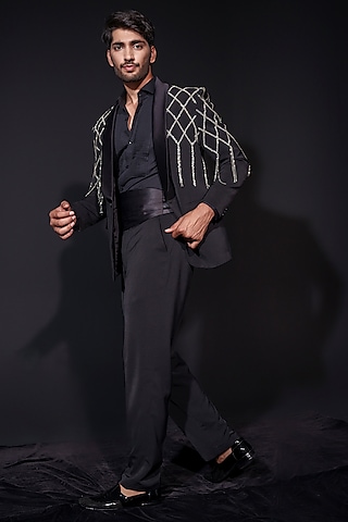Black Banana Crepe Rhinestone Hand Work Blazer Set by Niloufer by Aasif Ally Men