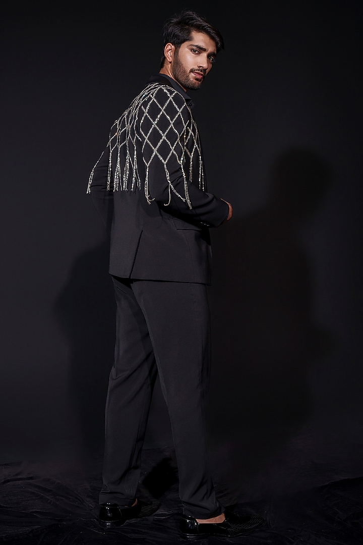 Black Banana Crepe Rhinestone Hand Work Blazer Set by Niloufer by Aasif Ally Men at Pernia's Pop Up Shop