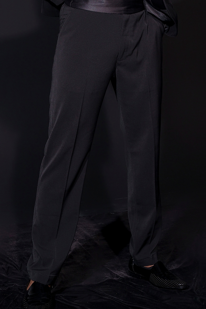 Black Banana Crepe Rhinestone Hand Work Blazer Set by Niloufer by