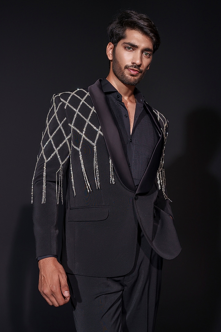 Black Banana Crepe Rhinestone Hand Work Blazer Set by Niloufer by Aasif Ally Men at Pernia's Pop Up Shop