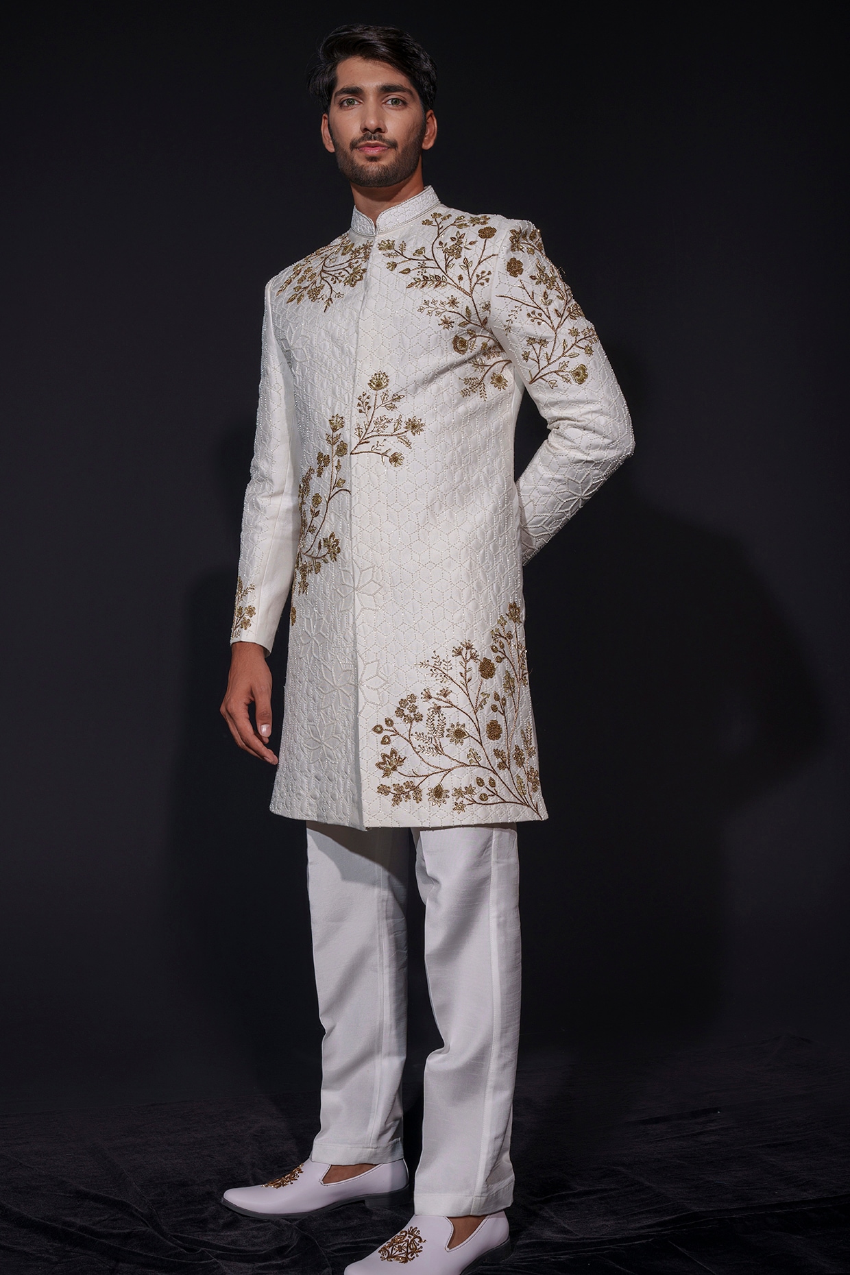 Niloufer by Aasif Ally White-Gold Silk Zardosi & Cutdana Hand Embroidered Sherwani Set