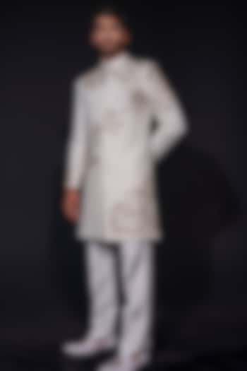 White-Gold Silk Zardosi & Cutdana Hand Embroidered Sherwani Set by Niloufer by Aasif Ally