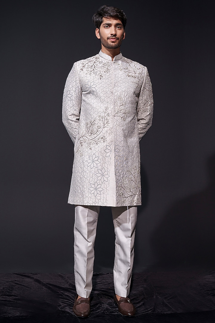 Grey-Silver Silk Zardosi & Cutdana Hand Embroidered Sherwani Set by Niloufer by Aasif Ally