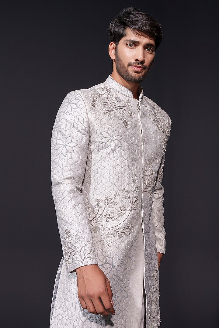 Grey-Silver Silk Zardosi & Cutdana Hand Embroidered Wedding Sherwani Set by Niloufer by Aasif Ally Men at Pernia's Pop Up Shop