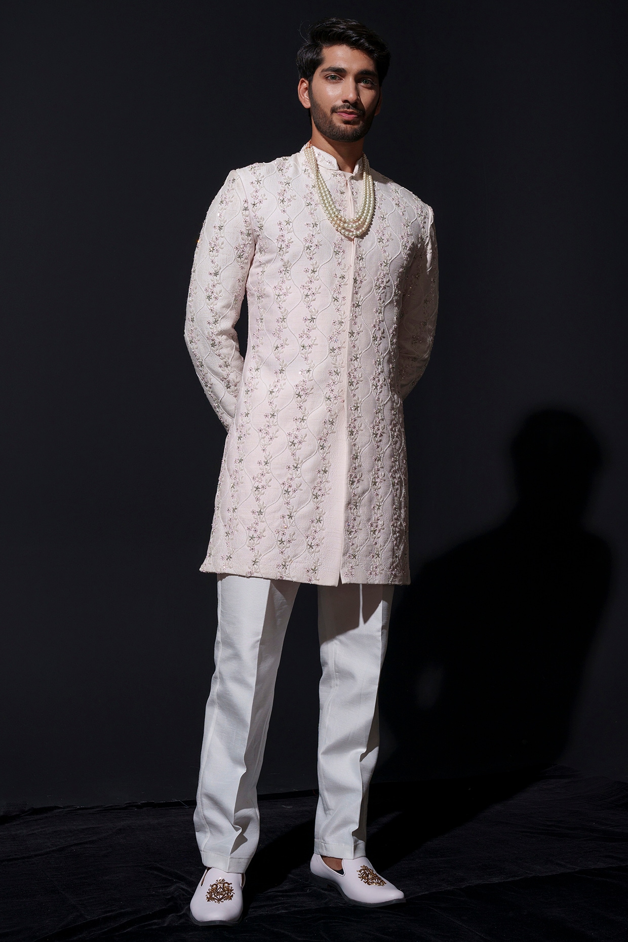 Niloufer by Aasif Ally Blush Pink Silk Pearl & Cutdana Hand Embroidered Sherwani Set