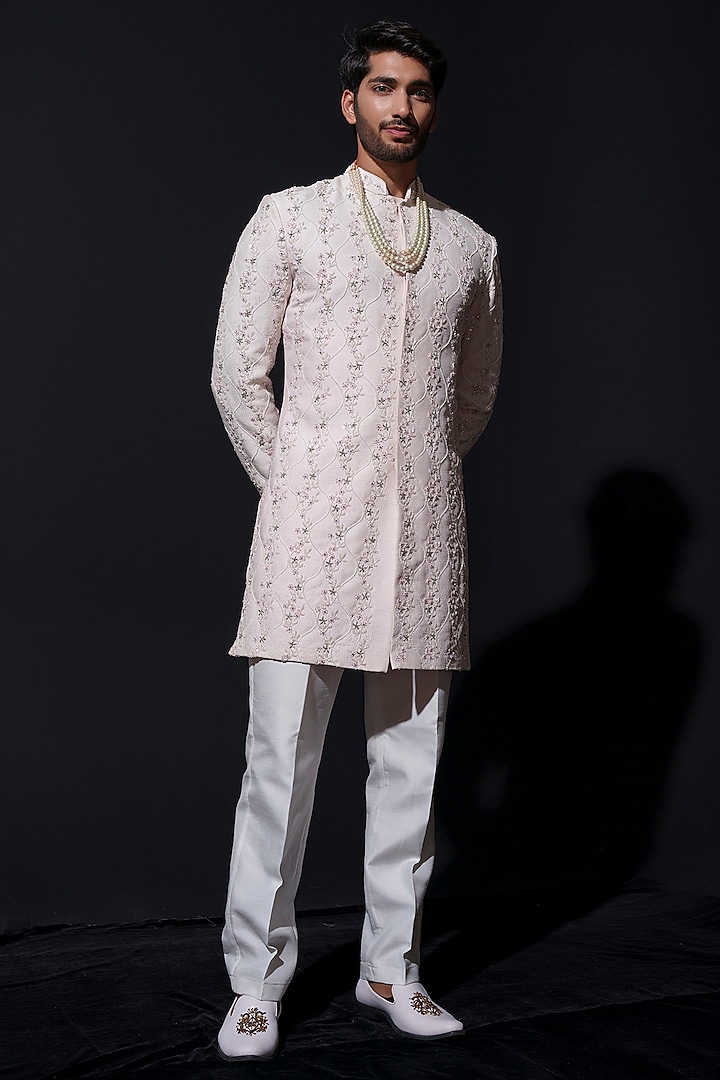 Blush Pink Silk Pearl & Cutdana Hand Embroidered Wedding Sherwani Set by Niloufer by Aasif Ally at Pernia's Pop Up Shop