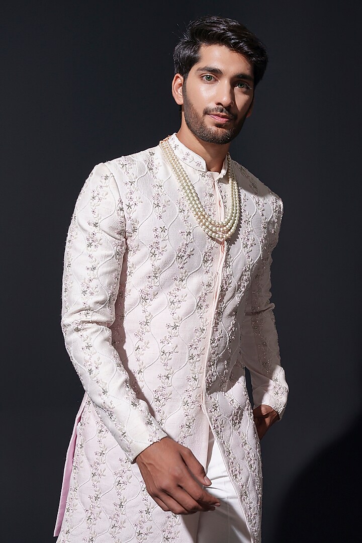 Blush Pink Silk Pearl & Cutdana Hand Embroidered Wedding Sherwani Set by Niloufer by Aasif Ally Men at Pernia's Pop Up Shop