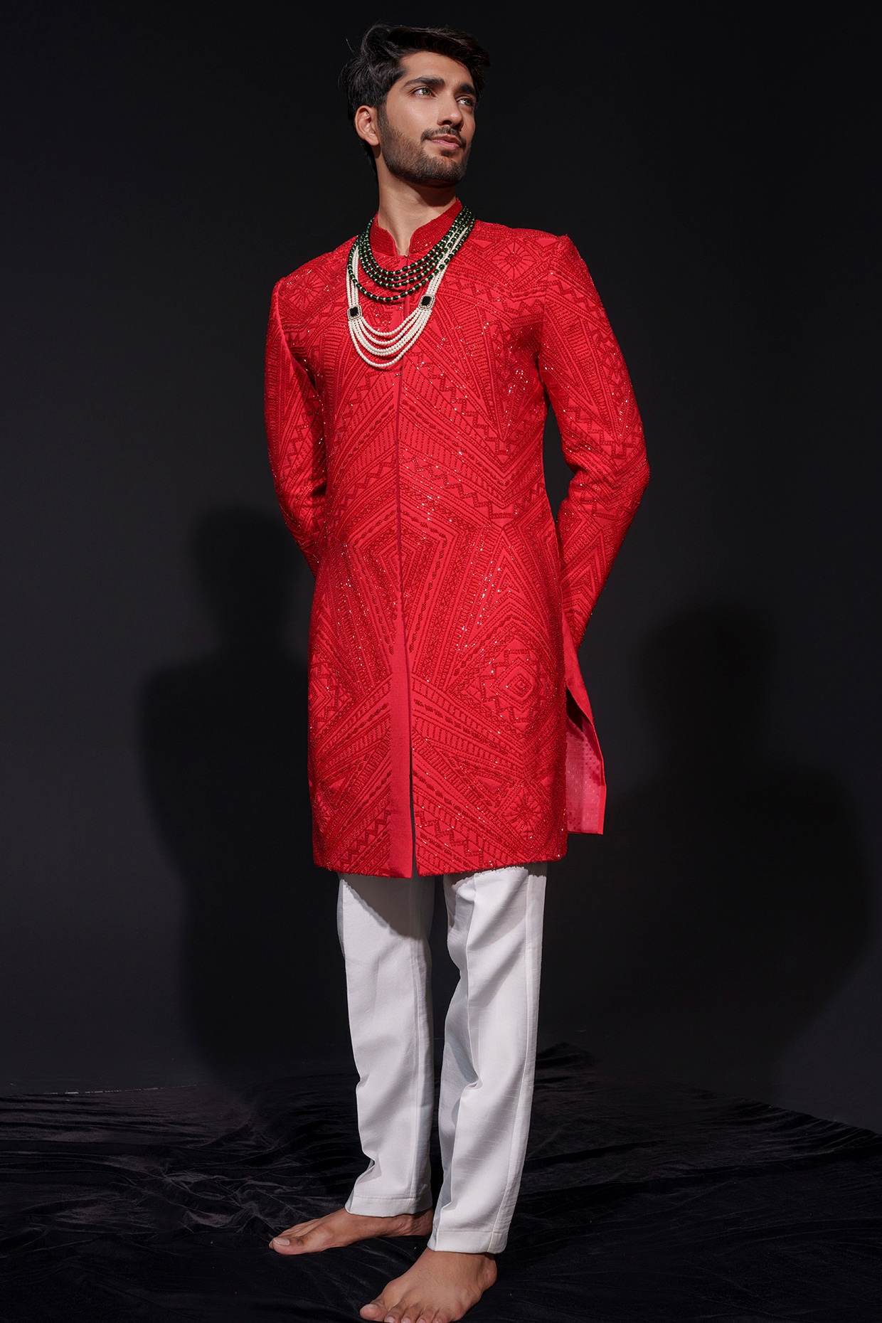 Niloufer by Aasif Ally Red Silk Cutdana Hand Embroidered Sherwani Set