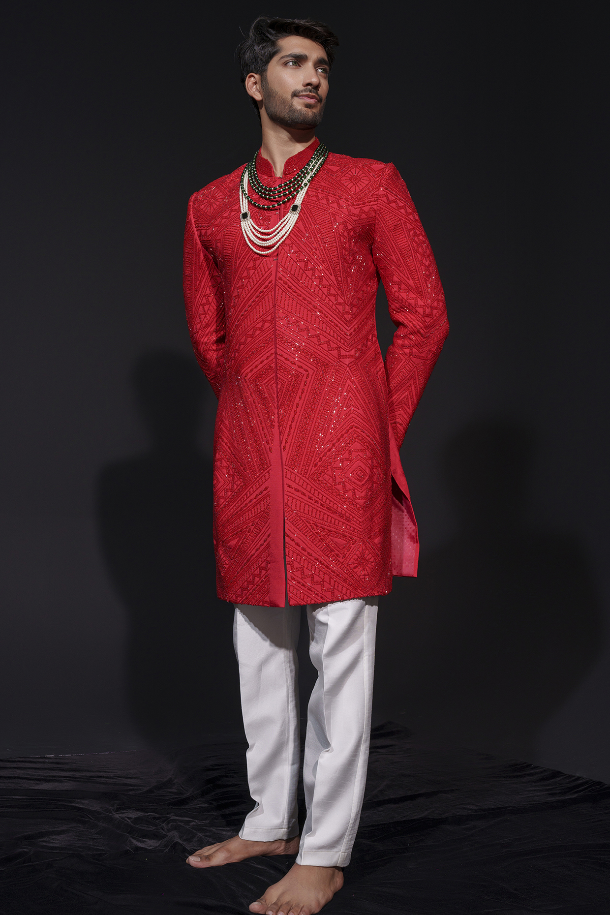Red Silk Cutdana Hand Embroidered Sherwani Set by Niloufer by Aasif Ally