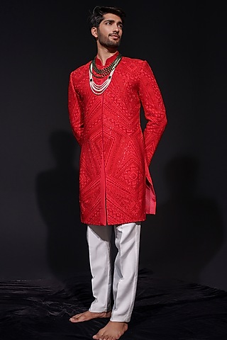 Red Silk Cutdana Hand Embroidered Sherwani Set by Niloufer by Aasif Ally Men