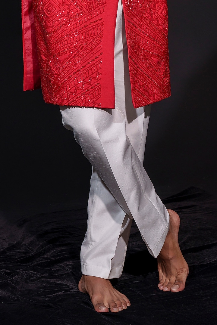 Red Silk Cutdana Hand Embroidered Wedding Sherwani Set by Niloufer by Aasif Ally Men at Pernia's Pop Up Shop